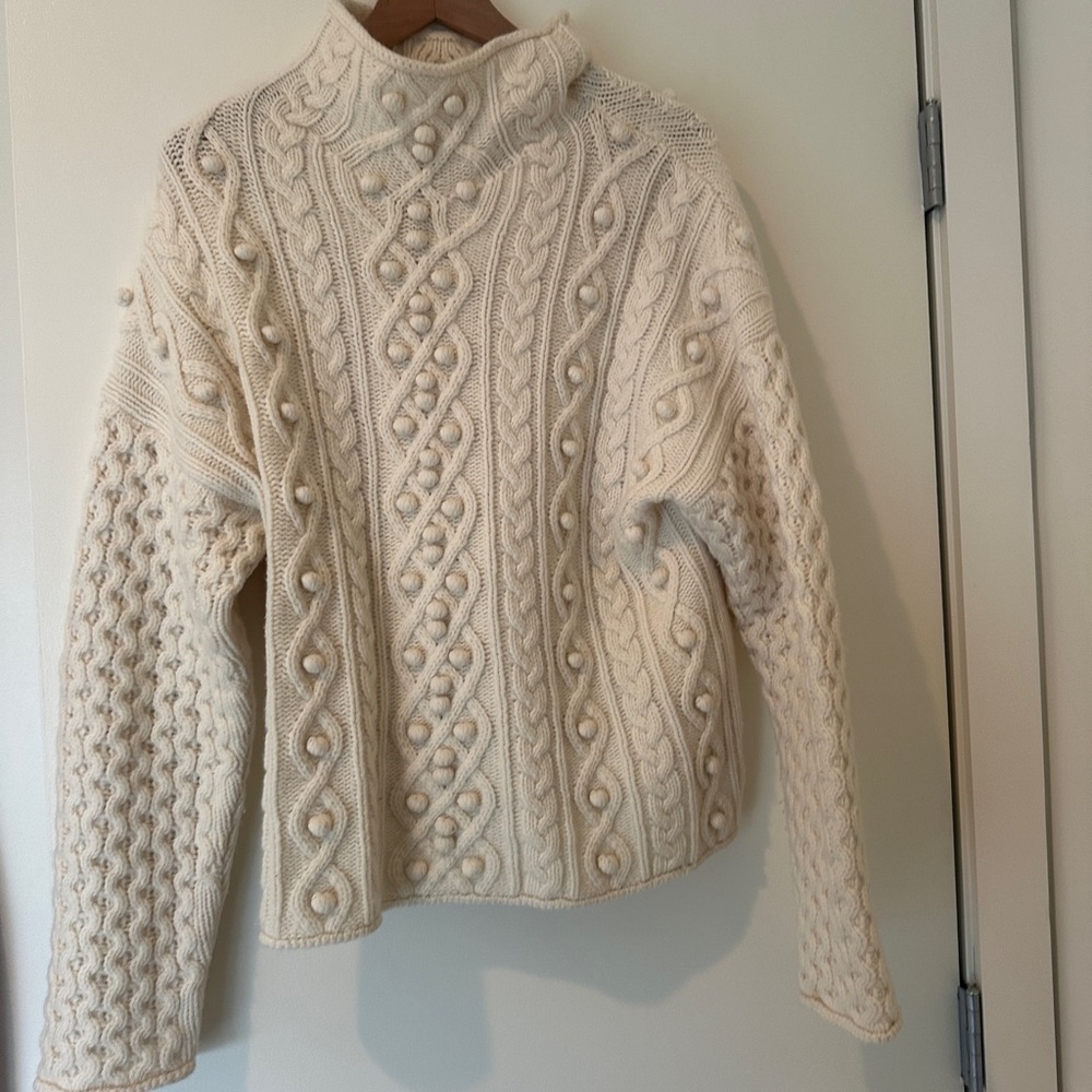 Theory Women's Cream Cable Knit “Pom Pom” Sweater